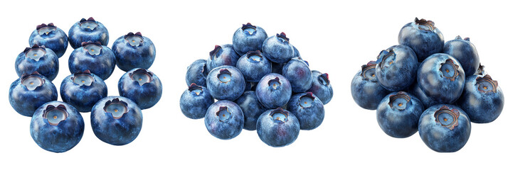 Ripe blueberries in various arrangements isolated on transparent background food PNG for farm produce advertisements or healthy diet illustrations