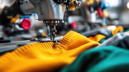A close-up image of a sewing machine needle stitching colorful fabric, highlighting the detailed and precise nature of garment creation within modern craftsmanship.