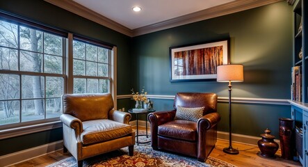 Fototapeta premium Cozy den with leather armchair and soft lighting