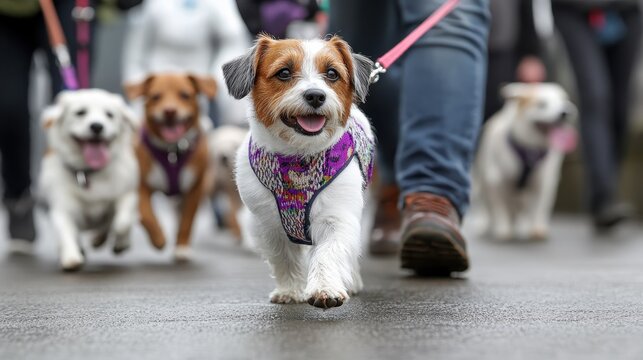 Adorably dressed, a small dog walks in focus among other dogs on a street. Its fashionable sweater and demeanor reflect unique personality and confidence.