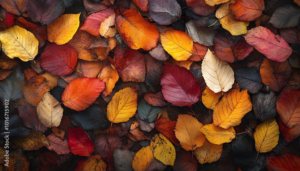 Poster a vibrant collection of autumn leaves in various colors, creating a picturesque and textured backdro