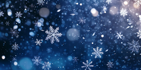 Falling snowflakes on Background. 3D Serene Winter Texture. Cold winter Wallpaper for Christmas product, text placement. blue Macro Snowflakes, Snow Closeup. Christmas New Year Night Falling Snow.