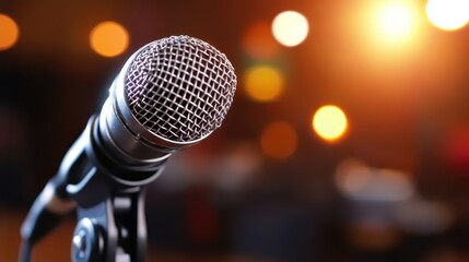 A professional microphone set up on stage ready for performance, framed by the warm ambiance of blurred stage lights creating a vibrant and dynamic setting.