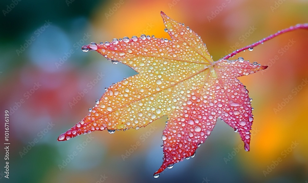 Poster a close-up of a vibrant maple leaf covered in dewdrops, showcasing a beautiful blend of autumn color