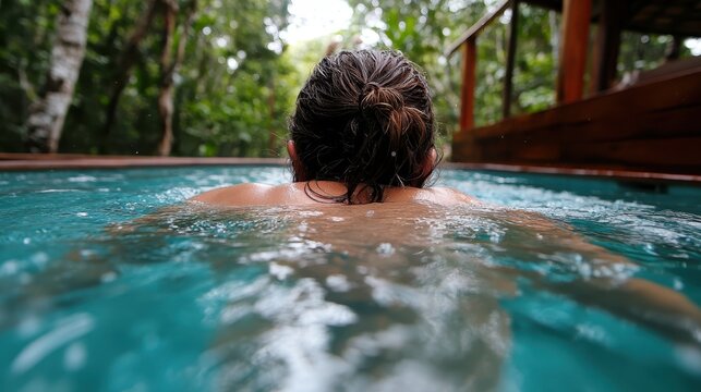 A woman is swimming through a crystal-clear pool with her back to the camera, surrounded by lush greenery, highlighting outdoor enjoyment and relaxation.