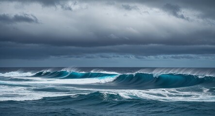 Fototapeta premium Deep blue ocean waves under cloudy sky
