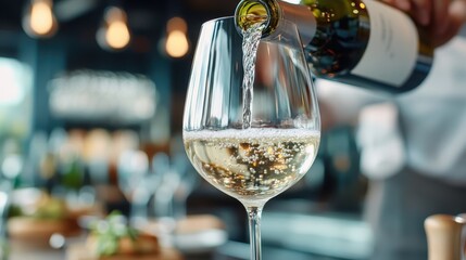 A close-up shot capturing a stream of white wine being elegantly poured into a sparkling wine glass, set against a blurred background of a fine dining setting.