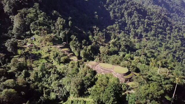 Hidden ancient ruins of Tayrona civilization Ciudad Perdida in the heart of the Colombian jungle. Aerial view from above. Lost city of Teyuna. Santa Marta, Sierra Nevada mountains, Colombia wilderness