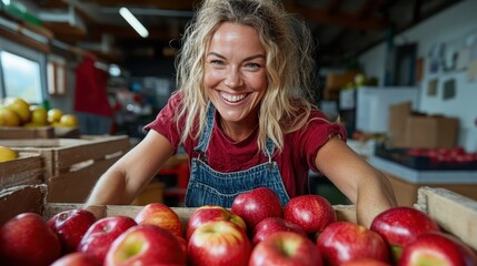 Fototapeta premium A beaming woman in denim overalls stands at an apple market stall, surrounded by crates of fresh apples, embodying the joy and fulfillment of harvest time.