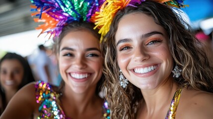 Fototapeta premium Two friends at an energetic carnival event wearing sparkling colorful costumes and joyous expressions, radiating happiness and capturing the festive atmosphere perfectly.