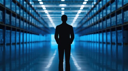 High-tech distribution center, manager overseeing supply chain operations, modern ambiance, expansive view, ample space for text, emphasizes depth and clarity throughout the scene