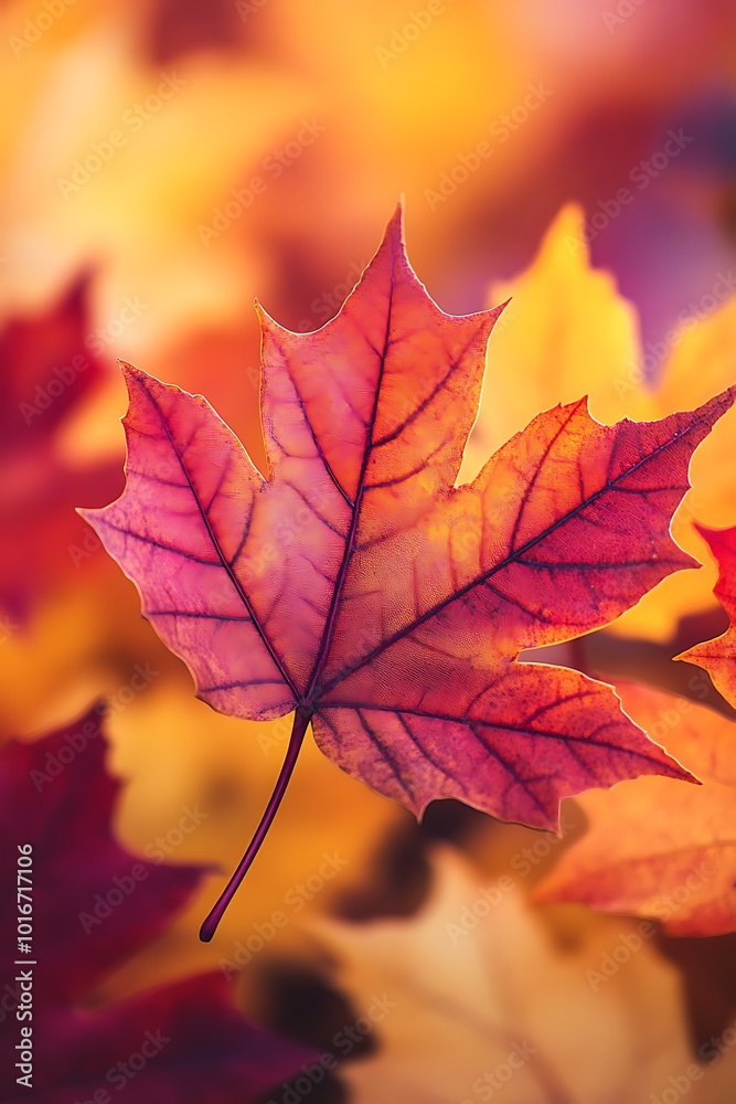 Poster a vibrant close-up of a colorful maple leaf amidst a backdrop of softly blurred autumn foliage.