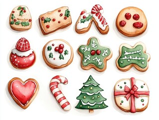 Obraz premium Christmas cookies set decorated with watercolor icing, representing christmas symbols, lying on white background