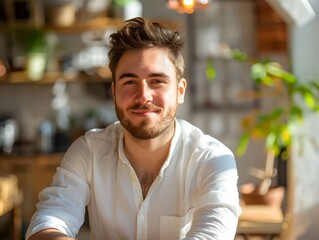 Fototapeta premium Handsome Man Sitting in a Sunlit Cafe with Soft Smile Portrait of Casual Corporate Professional Concept