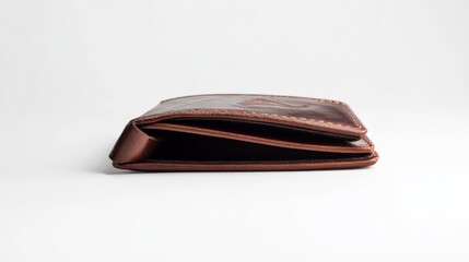 A sleek, brown leather wallet closed on a white background, showcasing elegant design and craftsmanship.