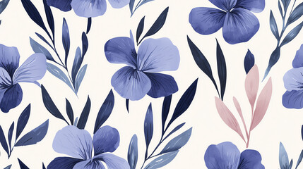 A beautiful floral pattern featuring blue hibiscus flowers and leaves, perfect for backgrounds or designs.