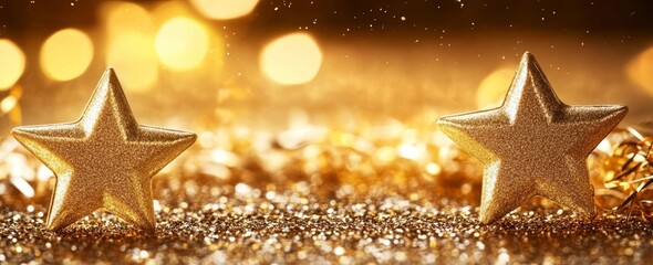 A golden holiday defocused backdrop with blinking stars and garlands. Tinsel blurred gold Bokeh and black background. Festive defocused elegant border.