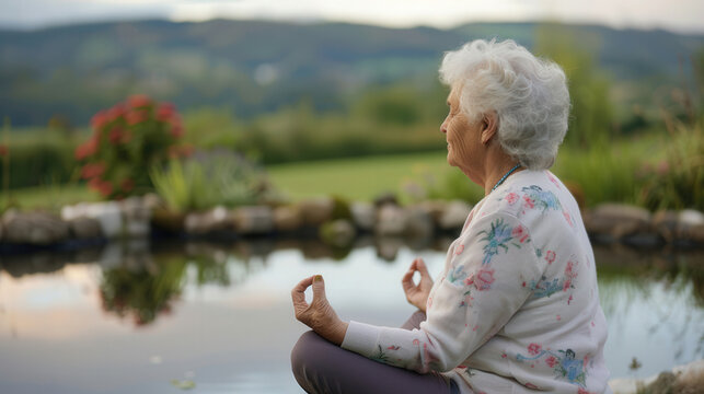 Senior woman engaged in meditation by a serene pond, celebrating National Senior Citizen Day, emphasizing the importance of mental and spiritual wellness in later life