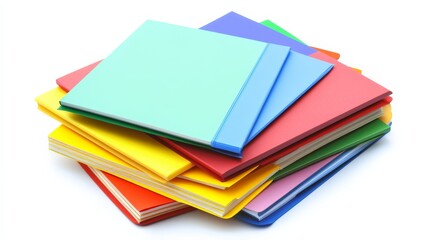 A stack of colorful folders organized in a neat pile, showcasing vibrant covers in blue, green, red, and yellow against a plain backdrop.