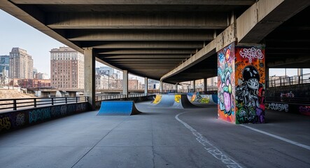 Graffiti filled skate park under a city overpass