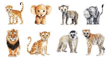 Obraz premium Collection of watercolor illustrations featuring a variety of wild animals in realistic poses