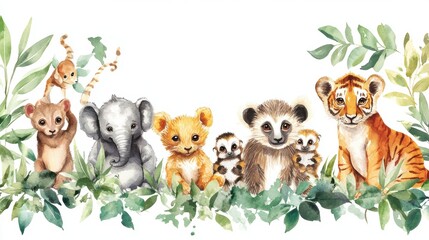 Naklejka premium Group of baby jungle animals is sitting in the tropical vegetation