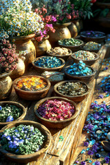 Fototapeta premium Herbal remedies on a wooden table with dried flowers and healing stones, 3D illustration