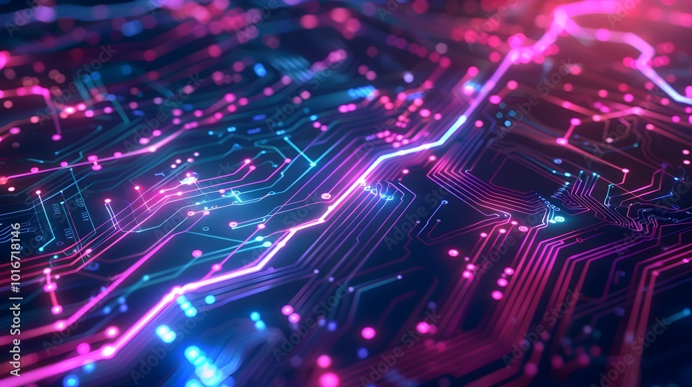 Poster glowing neon circuit board pattern with intricate lines and shapes creating a high tech design