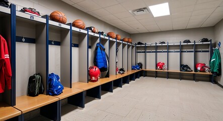 High school locker room with benches and sports gear