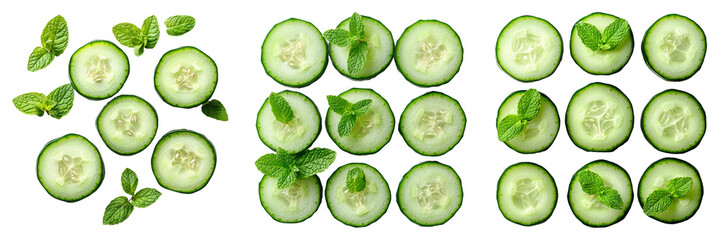 Assorted fresh cucumber slices with mint leaves isolated on transparent background food PNG for healthy diet illustrations or ingredient designs