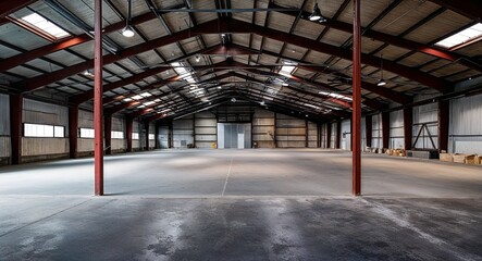 Industrial warehouse with exposed metal beams and concrete floors