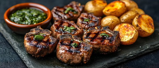 Grilled lamb chops served with a side of roasted potatoes and a vibrant mint sauce creating a mouthwatering gourmet barbecue dish that tantalizes the senses