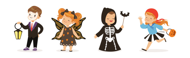 Cute Children in Halloween Costume Celebrate Holiday Vector Set