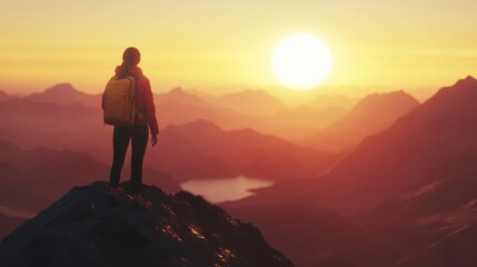 Fototapeta premium A hiker gazes at a sunset over mountains, capturing a moment of reflection and adventure.