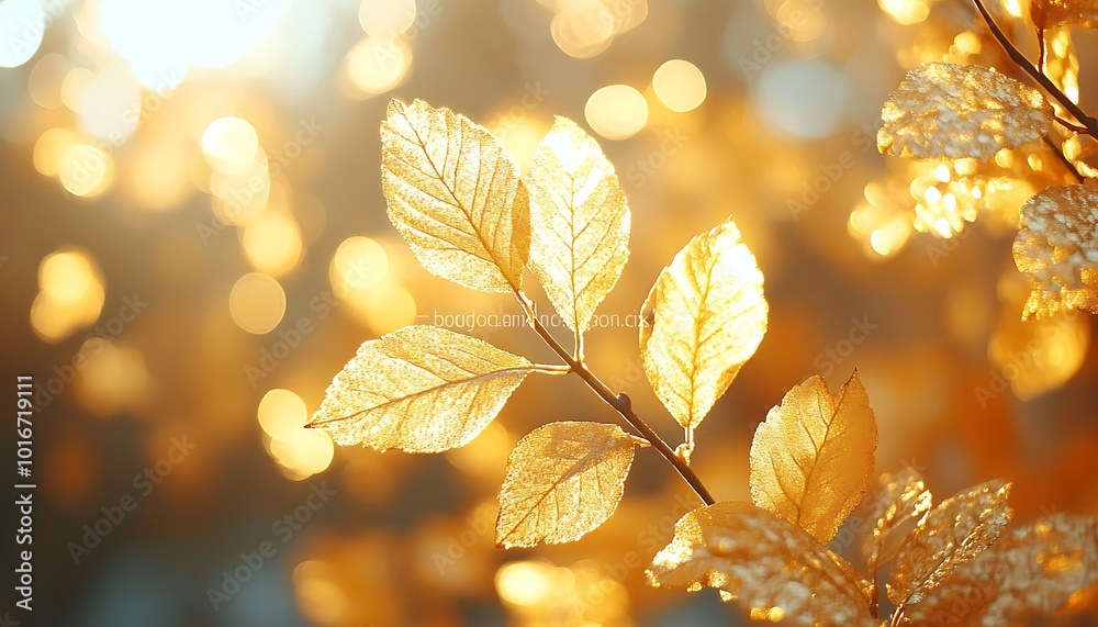 Poster sunlit golden leaves shimmer in soft light, creating a warm and tranquil atmosphere, evoking the bea