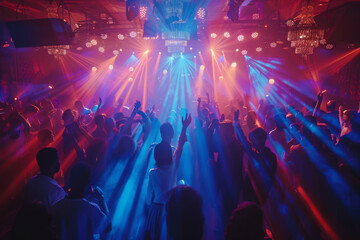 Crowd dancing under colorful lights at a lively party or concert
