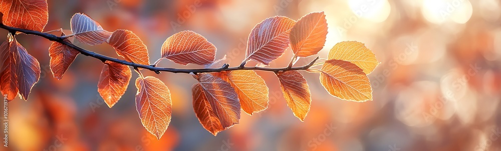 Poster A close-up of orange leaves on a branch, illuminated by soft sunlight and adorned with dew drops, creating a serene autumn ambiance.