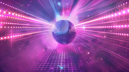 Disco ball reflecting neon lights creates vibrant party atmosphere, background
