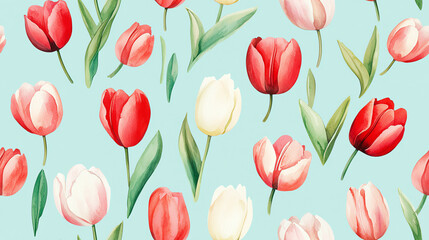 Obraz premium A vibrant illustration of various tulips in red, pink, and white against a soft blue background, perfect for spring themes.