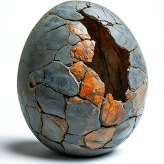 fossilized dinosaur egg, cracked open slightly to reveal ancient textures