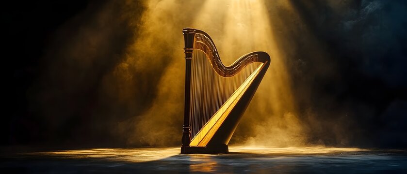 Magnificent golden harp standing tall and proud in the spotlight its intricate design and golden gleam creating a mesmerizing and captivating atmosphere on the dark stage