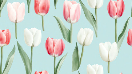 A vibrant pattern of tulips in pink and white colors, set against a soft blue background, perfect for spring-themed designs.