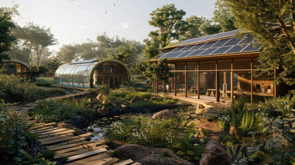 Fototapeta premium A sustainable future workplace in rural areas, featuring off-grid energy sources, telecommuting hubs, and immersive digital tools for collaboration.