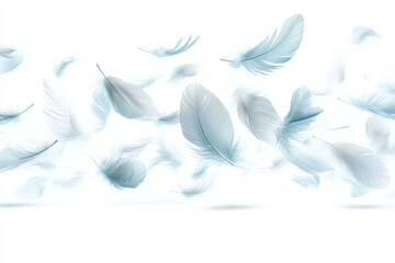 Baby Blue Feathers Floating in The Air. Abstract Feathers on White Background. Soft White Feathers