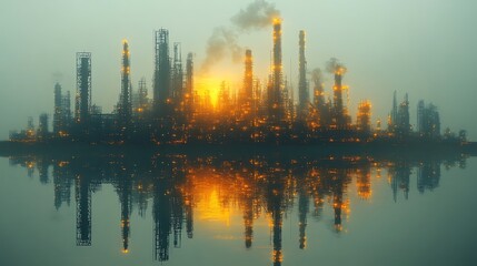 Naklejka premium Silhouette of an industrial plant with smoke and reflection in water at sunrise.