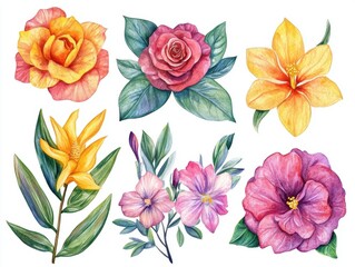 Fototapeta premium watercolor yellow set of beautiful flowers, roses, ranunculus, hibiscus, leaves,