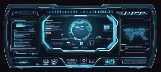 A conceptual concept with holographic portals, frames, HUDs, GUIs, and UIs. Innovative HUD-style background. Modern illustration.