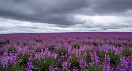 Obraz premium Muted violet flower field under cloudy skies background