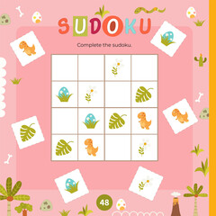 Dinosaur Puzzle game for children. Cute Dino in Sudoku game. Vector illustration. Page for kids activity book. Worksheet square format.