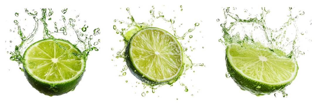 Fresh lime slices with splashing water isolated on transparent background food PNG for beverage illustrations or citrus-themed designs